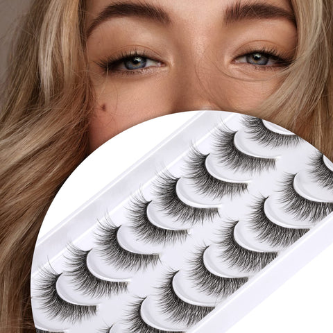 JIMIRE False Eyelashes Demi-Wispies Clear Band Cat Eye Lashes Natural Look Soft Handmade Lightweight Wispy Faux Mink Lashes Pack 10 Pairs