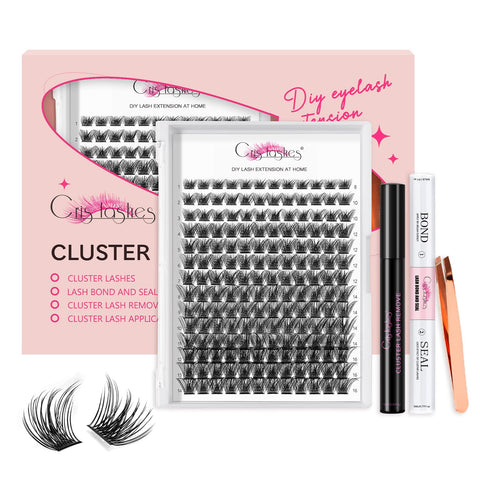 DIY Lash Extension Kit, Crislashes Cluster Lashes Kit with 168 PCS Cluster Lashes 8-16mm Mixed, Super Strong, Lash Bond and Seal, Cluster Lash Applicator, Reusable Lashes Cluster Kit Home Use (KIT 03)