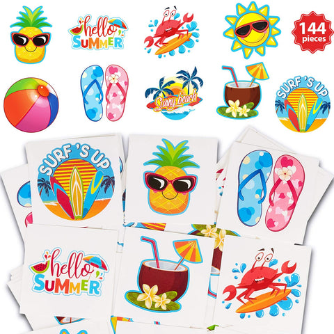 144 Pieces Kids Tattoo Summer Party Tattoo Hawaiian Luau Themed Tattoos Tropical Beach Tattoos Waterproof Temporary Tattoos Stickers Party Decoration Supplies for Adults, 9 Styles