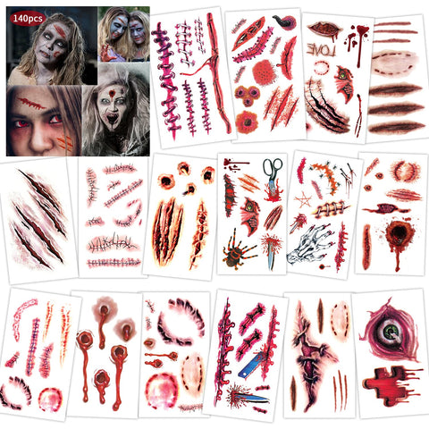 140 PCS Halloween Zombie Makeup, Halloween Fake Scars Horror Fake Bloody Wound Temporary Zombie Tattoos for Women Men Kids Halloween Party Cosplay