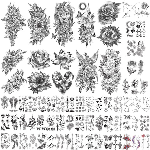 Metuu 70 Sheets Waterproof Temporary Tattoos Stickers for Men, Women, Boys and Girls, Roses Peony Butterfly Wing Body Hand Shoulder Arm Leg Half Sleeve Realistic Fake Tattoos
