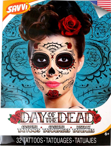 Red Roses Day of the Dead Sugar Skull Temporary Face Tattoo Kit - Pack of 2 Kits