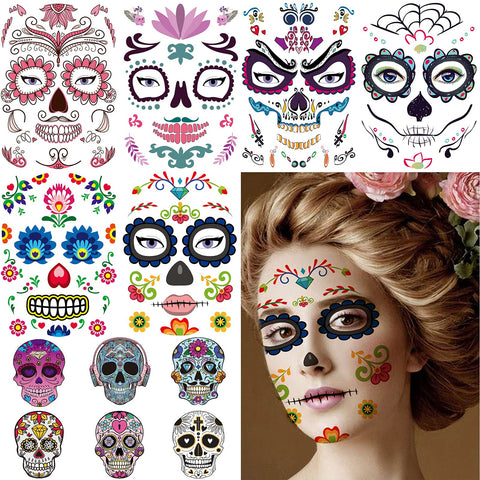 12 Sheets Day of the Dead Face Sugar Skull Tattoos, Including 6 Large Sheets Halloween Sugar Skull Temporary Face Tattoos