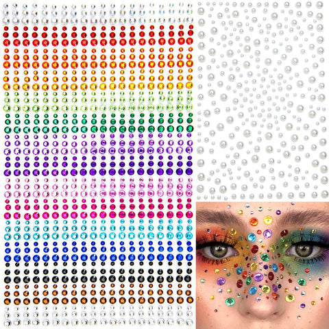 1250 Pcs Self Adhesive Rhinestones Pearl for Makeup Face Gems Eyes 16 Colors Rainbow Rhinestones Face Jewels Stick on Pearls Stickers, Hair Pearl Nail Makeup DIY Decorations