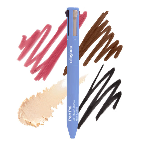 ALLEYOOP Pen Pal 4-in-1 Touch Up Makeup Pen - Eyeliner in Black, Lip Liner in Mauve, Highlighter Stick in Champagne, Eyebrow Pencil in Brown - Travel Makeup Pen, Cruelty-Free & Vegan (Make a Mauve)