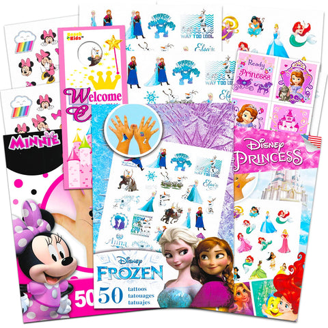 Disney Tattoos Party Favor Set for Girls - 150 Temporary Tattoos Featuring Minnie Mouse, Disney Princess and Frozen with Stickers and Door Hanger (6 Tattoo Sheets)