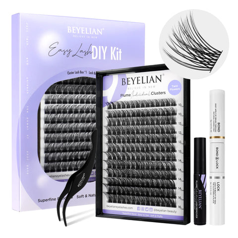 BEYELIAN Lash Extension Kit Cluster Lashes Kit with 168 Pcs Lash Clusters, Clusters Eyelash Applicator Tool, Cluster Lashes Bond and Seal Super Hold, Clusters Lash Glue Remover Easy to Apply at Home