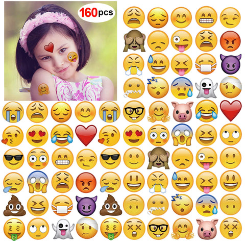 Emoticon Temporary Tattoo(160pcs 2inch), Konsait Funny Emoticon tattoos Body Stickers for Kids Children Adults for Emoticon Party Favors Supplies with Poop Kissing Heart Sunglasses Smirk Relaxed Smile Emoticon