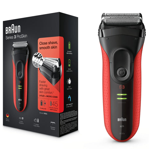 Braun Series 3 ProSkin 3030s Electric Shaver for Men/Rechargeable Electric Razor - Red