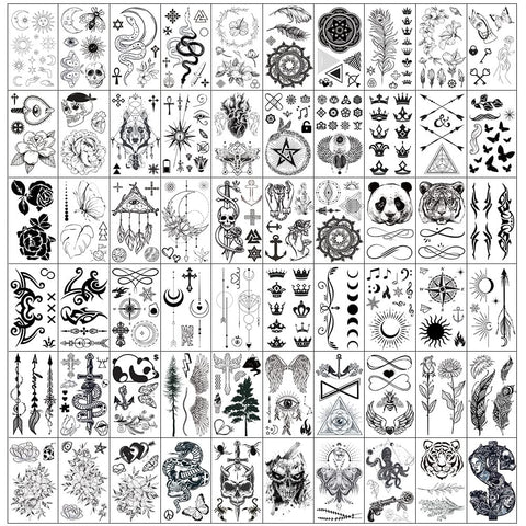 Esland 330+ Realistic Black Temporary Tattoos for Adults, 60 Pcs Vintage Skeleton Snake Tattoo Designs, Crowns, Arrows, Sun Moon Stars, Line Flowers, Butterfly, Feather, Infinite Love Tattoo Stickers for Adults