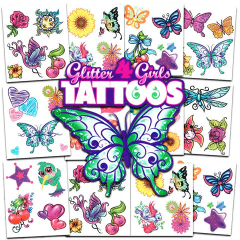 Crenstone Glitter Tattoos for Girls ~ 50 Dazzling Designs ~ Butterflies Tattoos, Hearts, Flowers, and More Waterproof Temporary Tattoos for Birthday Party Favors Goodie Bags Fillers