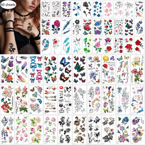 60 Sheets Waterproof Butterfly Flower Temporary Tattoos Stickers for Women,Multiple Design Styles