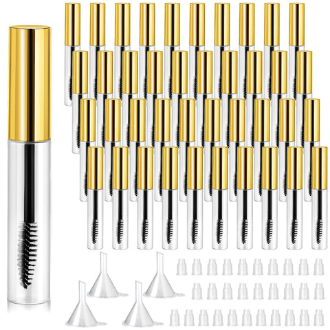 40 Pieces 10 ml Empty Mascara Tubes Eyelash Wand Refillable Clear Bottles Eyelash Cream Container Bottle with 4 Pieces Transparent Funnels Transferring Castor Oil for DIY Cosmetics (Golden)