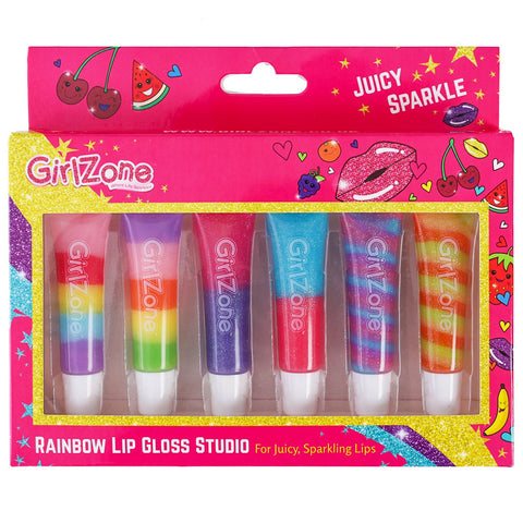 GirlZone Rainbow Fruity Lip Gloss Makeup Set for Kids and Girls, Fabulous Lip Balm Set for Kids with 6 Fruit Scented Lip Gloss, Lovely Gift Idea