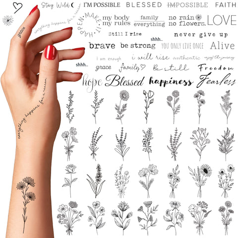 Temporary Tattoos For Women -110 Temporary Tattoo Stickers Of Flowers & Phrases- Fake Tattoos Temporary Realistic & Aesthetic - Tatoos For Women & Tatoos For Adults - Tatuajes Temporales Women