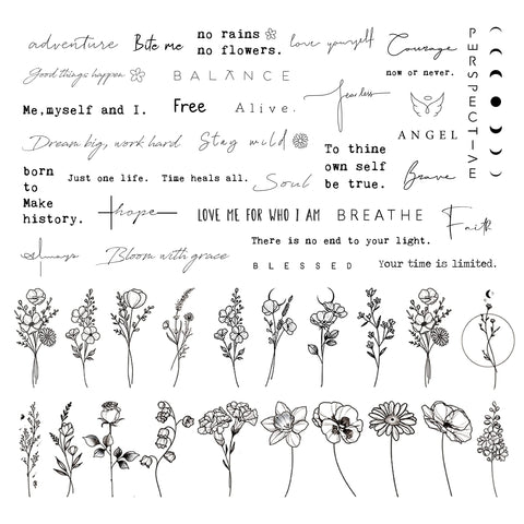 DIVAWOO Realistic Temporary Tattoo - 60 Sheets Tiny Fake Tattoos, 40 Pcs Inspirational Words Tattoo, 20 Pcs Wild Flower Floral Bouquet Stickers for Adult Women Face Body Hand