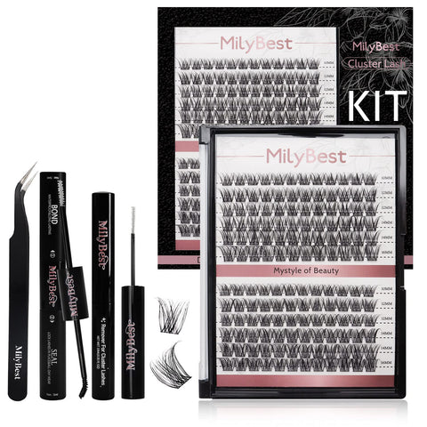 MilyBest DIY Lash Extension Kit 144 Pcs Individual Lashes Lash Bond and Seal Mascara Brush Eyelash Glue Remover Lash Applicator Tool Lash Clusters Kit for Eyelash Extensions Beginners Easy to Apply at Home (Kit, M05)