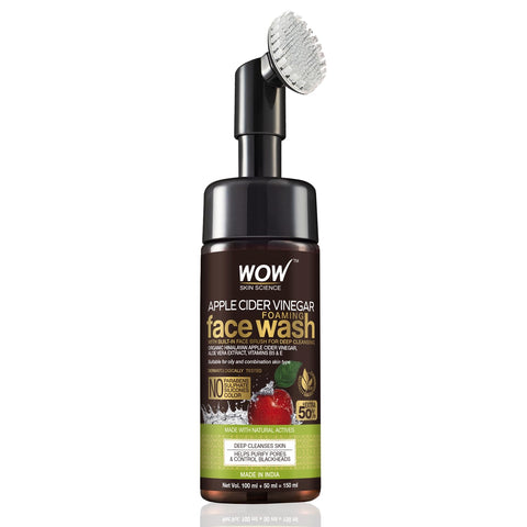WOW Skin Science Apple Cider Vinegar Foaming Face Wash - No Parabens, Sulphate, Silicones & Color (with Built-in Brush) - 150mL