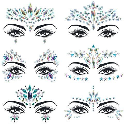 6 Sets Mermaid Face Jewels Rhinestone Face Gems Stick on Halloween Cosplay Party Festival Crystals Temporary Tattoos