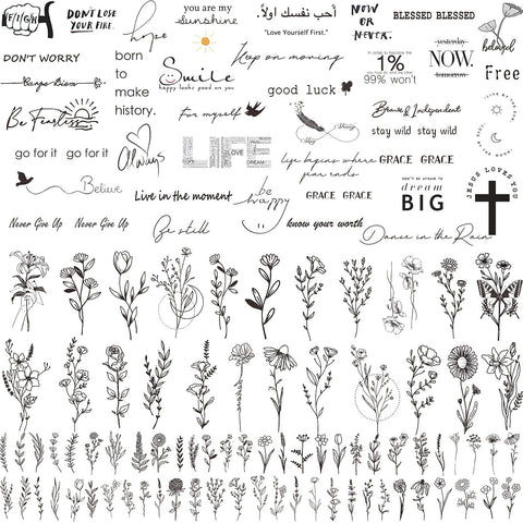 Zeecdatoo 160+ PCS Realistic Temporary Tattoos, 74 Sheets Bigger Size Three Types Fake Include 40 Inspirational Quotes Words 22 Wild Flower Floral And 12 Small Leaf Tattoo Stickers For Women