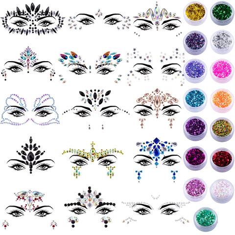 Duufin 15 Sets Face Jewels Festival Face Gems Rhinestone Face Sticker Jewel with 15 Jars Chunky Face Glitter for Rave Festival Carnival Party