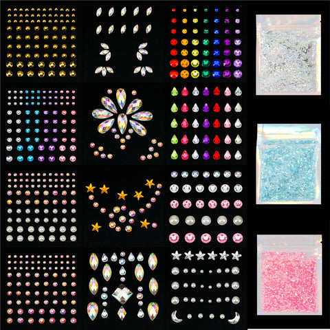 12 Sheets Face Jewels Rhinestones Crystal Stickers+15g Chunky and Fine Mix Glitter, Eye Face Body Rave Outfits Clothes Gifts for Women, Mermaid Face Gems Rave Festival Accessories, Face Body Makeup