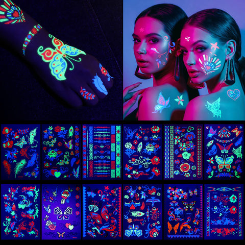 12 Sheets Large Glow In The Dark Tattoo Neon Temporary Makeup, Rave Festival Accessory, Fake Face Butterfly Tattoo UV Blacklight For Women Party Supplies (Butterfly Style)