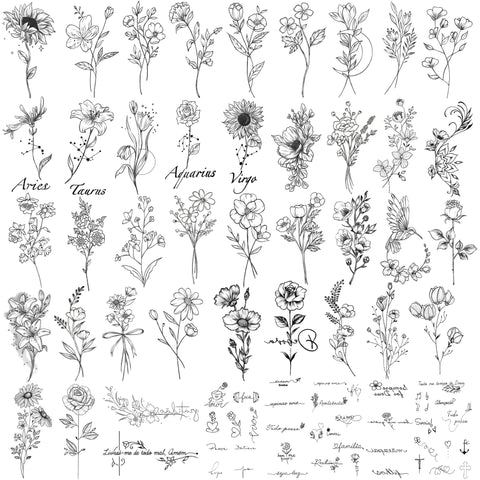 Waterproof Temporary Tattoo - 90 Sheets Realistic Fake Tattoos, 52 sheets Inspirational Words Tattoo stickers, 38sheets Wild Flower Floral Rose Sunflower Bouquet Body Stickers for Adult Women Men Kids