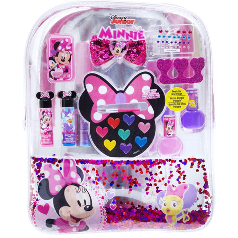Disney Minnie Mouse - Townley Girl backpack Cosmetic Set, Includes: Lip Gloss Compact, Hair Bows, Nail Polish, Nail File, Lip Balm, Toe Spacer, Nail Stickers