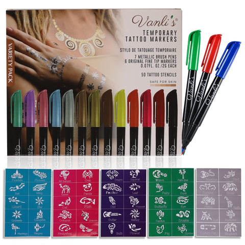 Vanli's Temporary Tattoo Markers - Stocking Stuffers For Teens, Kids,  Adults, Trendy Body Marker, Skin Safe & Colored Ink Tattoo Pens for Body &  Face Art with 50 Tattoo Stencil Papers, 13 Pens-Variety