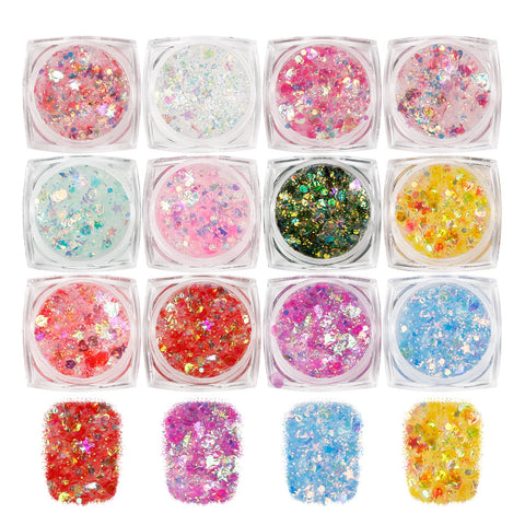 12 Colors Chunky Fine Body Glitter, Face Nail Glitter Sequins, Holographic Glitter for Eyes Hair Lipgloss, Self-adhesive Mixable Makeup Glitter for Festival Carnival Halloween Party(Not Loose Glitter)