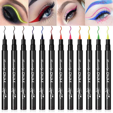 12Pcs Colorful Neon Liquid Eyeliner Pen, Waterproof Smudgeproof Long Lasting Black Felt-Tip Eye Liner Pencil Cat Eye Liner Pen Makeup Set