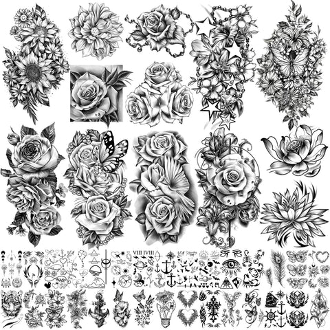 40 Sheets Waterproof Temporary Tattoo for Women and Girl, Large Black Peony Rose Flowers Long Lasting Lady 3D Fake Tattoos Girls Arm Hand Collarbone Leg Tattoos Stickers as Gift or Decoration