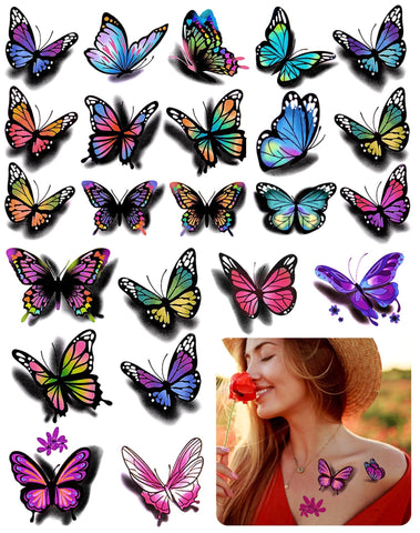 3D Butterflies and Flowers Temporary Stickers Tattoo, Colorful Body Art Tattoos for Women Kids, 126Pcs