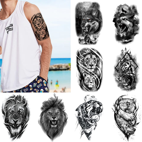Glaryyears Beast Temporary Tattoo for Men Women Adults, 18-Pack Large Black Fake Tattoos Stickers, Long-lasting Realistic Tattoos for Body Arm Leg, Animal Design Variety Pack Tiger Lion Wolf
