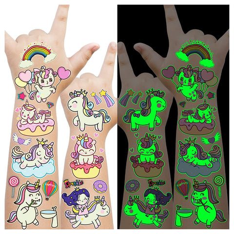Cerlaza Luminous Unicorn Temporary Tattoos for Kids, 155 Styles Glow Unicorn Party Supplies Favors, Unicorn Birthday Party Decorations for Girls, Unicorn Gifts Games (12 Sheets)