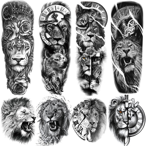 Lion Temporary Tattoos Sleeve, 4-Sheet Large Fake Lion Arm Temporary Tattoos and 4-Sheet Black Animal Full Arm Sleeve Tattoo Sticker Body Art for Women Men