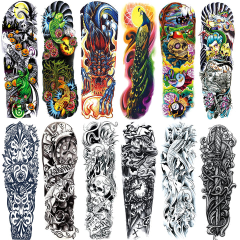 Sleeve Tattoos Stickers, Full Arm Temporary Tattoos Sleeves, Fake Watercolor Body Art Arm Tattoo for Kids Women Makeup, 12-Sheet