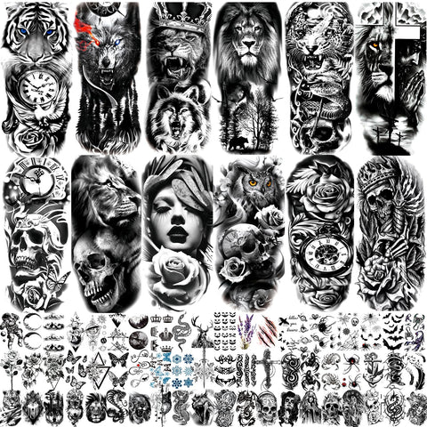 JEEFONNA 72 Sheets Temporary Tattoo for Men Women Adults, Include 12 Sheets Large Black 3D Realistic Tattoos Half Sleeve Temporary Tattoos, Halloween Tattoos Include Black Scary Lion Wolf Tiger Skull Skeleton Fake Tattoos Stickers