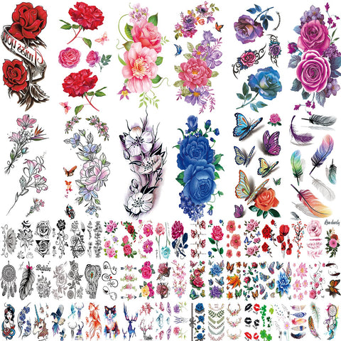 72 Sheets Flowers Temporary Tattoos Stickers, Roses, Butterflies and Multi-Colored Mixed Style Body Art Temporary Tattoos for Women, Girls or Kids