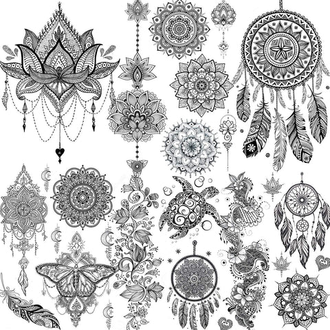 6 Sheets FANRUI Indian Tribal Black Temporary Tattoos For Women, Large Waterproof Lace Lotus Tattoos Mandala Flower Fake Jewelry Pendant, Butterfly Sleeve Tattoo For Adults Stickers Kit Wedding Dreamcatcher Feather