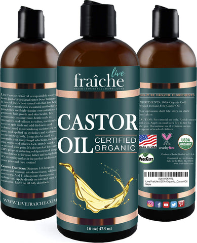 Live Fraiche USDA Organic Cold Pressed Castor Oil (16oz), 100% Pure, Hexane-Free Castor Oil - Moisturizing & Healing, For Dry Skin, Hair Growth - For Skin, Hair Care, Eyelashes - Caster Oil
