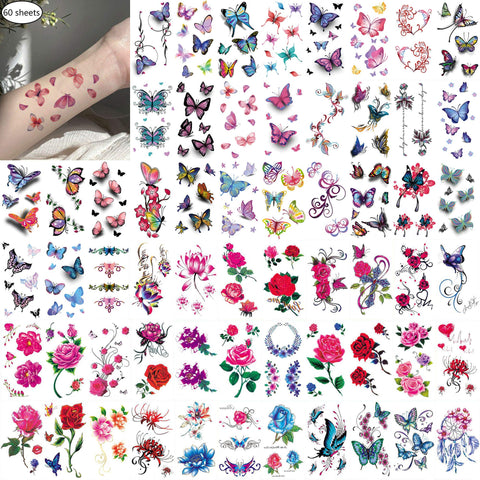 60 Sheets Waterproof Flower 3D Butterfly Fake Temporary Tattoo Sticker for Girl Lady Women