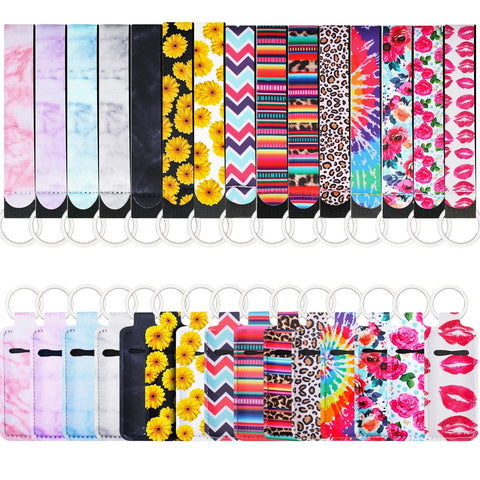 30 Pieces Chapstick Keychain Holders with Wristlet Keychain Neoprene Lipstick Sleeve Pouch Lip Balm Portable Pocket Lip (Boho Chic)