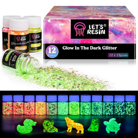 Glow in The Dark Glitter, LET'S RESIN 12 Colors Luminous Chunky Glitter, 0.42oz/Bottle High Luminance Glitter, Chunky Glitter for Resin, Nail, Skin, Slime, Tumblers, Halloween