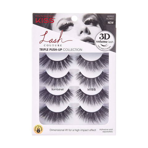 KISS Lash Couture Triple Push Up Collection Multipack, 3D Volume False Eyelashes with Triple Design Technology, Multi-Angles & Lengths, Reusable, Style 'Bombshell', 4 Pairs Fake Eyelashes