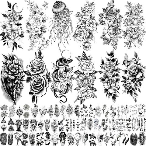 72 Sheets 3D Flowers Temporary Tattoos for Women, Fake Tattoos Body Art Arm Sketch Tattoo Stickers for Women and Girls