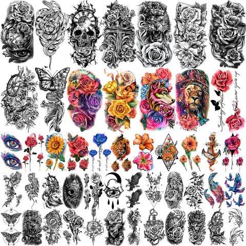Metuu 49 Sheets Waterproof Temporary Tattoo for Men and Women, 3D Black Half Arm Floral Animal Peony Rose Butterfly Tiger Snake Realistic Fake Tattoo Stickers for Teens Girls Body Hand Shoulder Chin