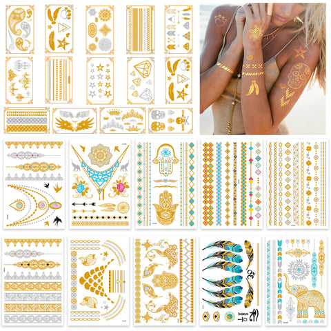 24 Sheets Gold Temporary Tattoos for Women Girls, Over 300 Shimmer Waterproof Fake Tatoos Metallic Stickers in Bracelets Feathers Wrist Arm Bands