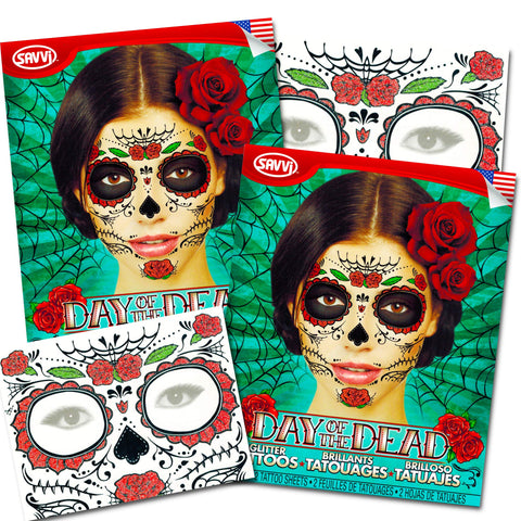 Glitter Red Roses Day of the Dead Sugar Skull Temporary Face Tattoo Kit - Pack of 2 Kits